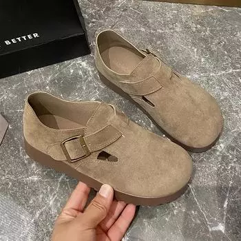 2024 Новый стиль Универсальные однотонные туфли с круглым носком и плоской подошвой Удобные туфли без застежек с неглубоким носком для весны и осени для женщин 35