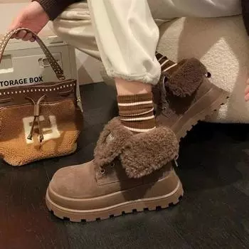 2024 Новый стиль замшевые зимние ботинки на толстой подошве длиной до щиколотки с плоской подошвой женская обувь зимняя повседневная плюшевая теплая женская обувь 35 верблюд