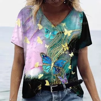 2024 Новый стиль, женская футболка, летняя футболка с цветочным принтом и бабочкой, женская одежда, негабаритная дизайнерская футболка с коротким рукавом и V-образным вырезом, блузка S
