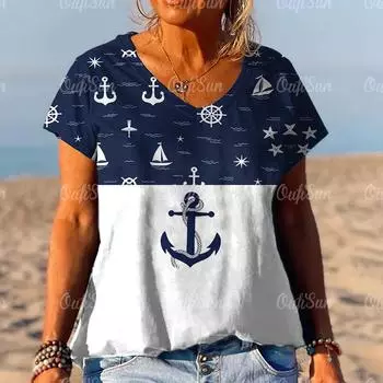 2024 Новый стиль, женская футболка, летняя футболка с якорем, женская одежда, негабаритная дизайнерская футболка с коротким рукавом и V-образным вырезом, модная блузка 2XL