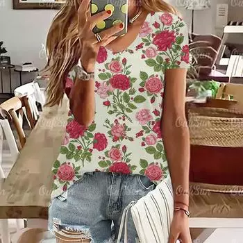 2024 Новый стиль, женская футболка, летняя футболка с цветочным принтом, женская одежда, дизайнерская футболка большого размера с коротким рукавом и V-образным вырезом, модная блузка S