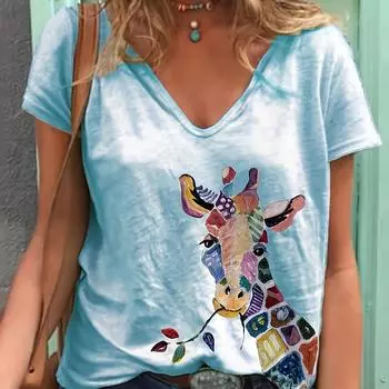 2024 Новый стиль, женская футболка с принтом жирафа, женская футболка с v-образным вырезом, топ для женской одежды, модный дизайн, летняя футболка с коротким рукавом 5XL