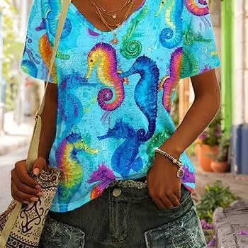 2024 Новый стиль Женская футболка с принтом морских коньков Женская футболка большого размера с коротким рукавом Футболка большого размера с V-образным вырезом S