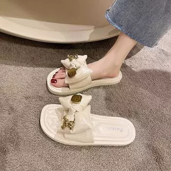 2024 Новый стиль женские сандалии летняя одежда мягкая подошва плоские тапочки офисные домашние женские тапочки женская обувь 35 бежевый