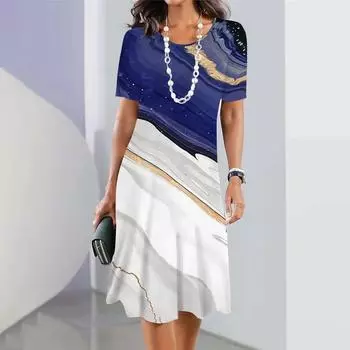 2024 Новый стиль женской одежды Платья Элегантное платье с короткими рукавами Ретро юбки А-силуэта Платье с цветными блоками Свободный пуловер S