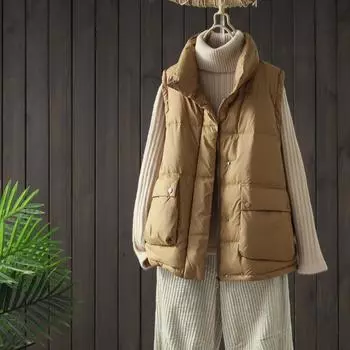 2024 Новый свободный повседневный однотонный жилет с кружевом сзади и прямым вырезом one size fits all бежевый