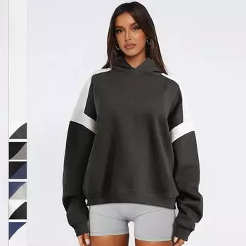 2024 Новый свободный свитер с капюшоном и контрастными цветными плечами S серый