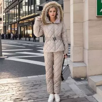 2024 новый темперамент утолщенная куртка женская осенне-зимняя горнолыжная одежда с капюшоном уличная модная теплая куртка M чёрный