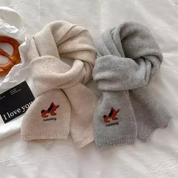 2024 Новый теплый и универсальный вязаный шарф в стиле колледжа с милой вышивкой в виде маленькой собачки для женщин на осень и зиму 22x144cm