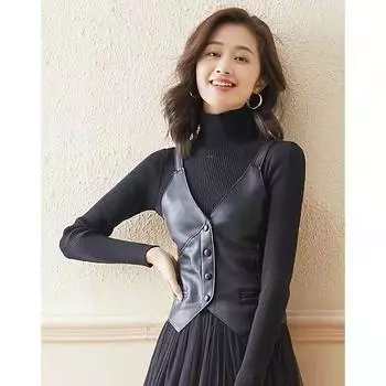 2024 новый V-образный вырез, однотонный модный темперамент внутри, кожаный жилет на бретелях снаружи, жилет в иностранном стиле, женский жилет из ПУ S 90-50kg