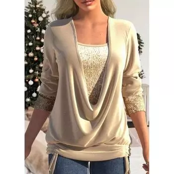 2024 Новый весенний модный сплошной цвет с большим кулоном на шею, украшенный бисером, с длинным рукавом, темпераментный, повседневный, плиссированный, искусственный, из двух предметов, уникальный топ S розовый