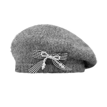 2024 Новый вязаный берет осень и зима сладкий бант теплая универсальная большая голова темперамент купольная шляпа художника для женщин one size