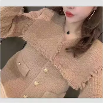 2024 новый вязаный кардиган дизайн sense нишевая мода темно-синий воротник золотая пряжка маленький ароматный свитер женский топ one size fits all белый