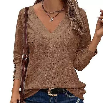 2024 Новый взрывной женский топ с длинными рукавами и V-образным вырезом с открытыми плечами, футболка на пуговицах, модная женская одежда S розовый