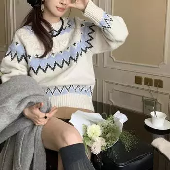 2024 новый жаккардовый свитер Dongdaemun женский ретро-стиль осень-зима круглый вырез контрастного цвета вязаный свитер пуловер мягкий вощеный топ One Size белый