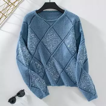 2024 Новый женский ажурный вязаный свитер, свободный облегающий пуловер с ромбовидной сеткой, сексуальный вязаный свитер для женщин S синий