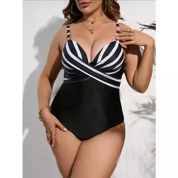 2024 Новый женский большой бикини, черно-белый модный купальник с принтом L чёрный
