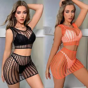 2024 Новый женский цельный облегающий костюм нижнего белья Эротическое сетчатое прозрачное мини-платье Сексуальная рыболовная сеть Короткая юбка Одежда One Size