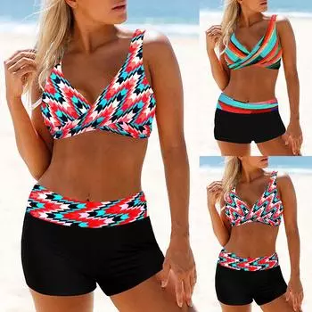 2024 Новый женский комплект из двух частей бикини, сексуальный пляжный купальник, модный комплект бикини с принтом, женский летний модный купальник-бикини для плавания S синий