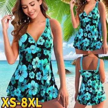 2024 Новый женский купальник из двух предметов с принтом, комплект танкини, купальный костюм большого размера, бразильский женский купальник, винтажное монокини S синий