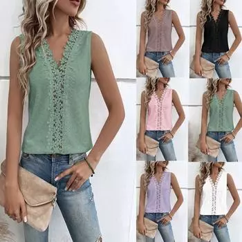 2024 Новый женский летний новый кружевной жилет с v-образным вырезом и вышивкой, топ S фиолетовый