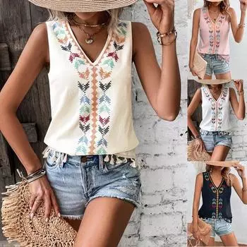 2025 Лето Женский этнический стиль V-образный вырез с вышитой бахромой подол без рукавов топ с отстрочкой подол жилет борода топ S белый