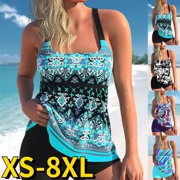 2024 Новый женский модный купальник с высокой талией и принтом, свободный сексуальный танкини, летний комплект из двух предметов, монокини, женская пляжная одежда с высокой талией S чёрный