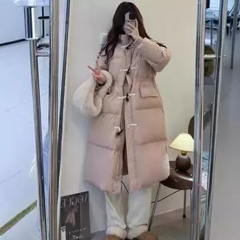2024 новый женский пуховик с длинной роговой пряжкой, свободный, утолщенный, с капюшоном, белый утиный пух, зимнее розовое пальто S recommended within 65kg оливковое зеленый