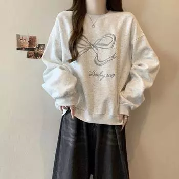 2024 Новый женский свитер с капюшоном и вышитым бантом на весну и осень — легкий, свободный крой, длинный рукав L серый/белый