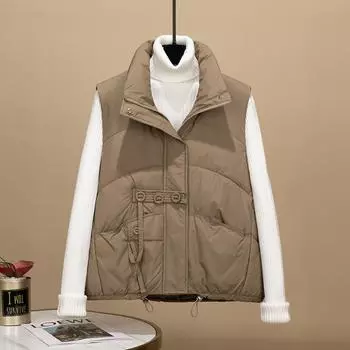 2024 новый жилет из хлопка-пуховика, женская мода, темперамент, дизайн с тремя пуговицами, верхняя одежда, куртка без рукавов для осени и зимы M чёрный