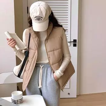 2024 новый жилет женский пальто свободный и универсальный короткий воротник стойка женский пуховый хлопковый жилет осень и зима M чёрный