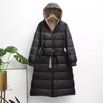 2024 новый зимний ретро-пуховик женский длинный до колена пояс тонкий утолщенный большой размер куртка с капюшоном S