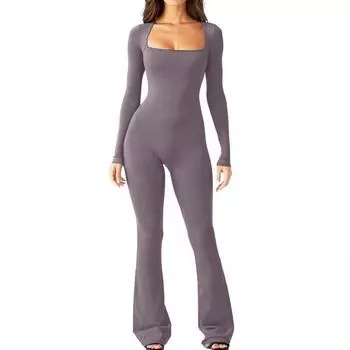 2024 облегающие женские комбинезоны с квадратным воротником и длинными рукавами, эластичные модные боди, повседневная однотонная одежда 30648 S чёрный