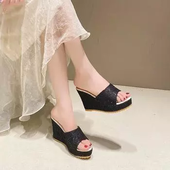 2024 Обувь больших размеров для женщин Современные женские тапочки Платформа Тапочки женские Супер высокие танкетки с принтом Женские сандалии 34 бежевый