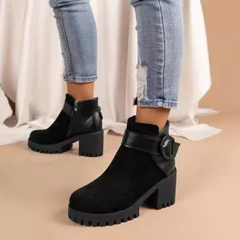 2024 Обувь для женщин Ботильоны с боковой молнией женские Новые повседневные ботинки женские с пряжкой на ремне с круглым носком Туфли на платформе с толстым каблуком женские 35 чёрный