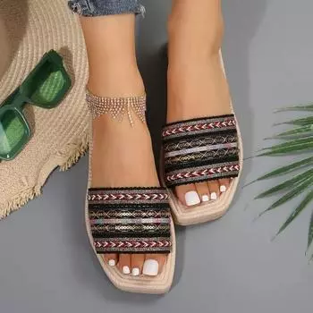 2024 Обувь для женщин Летние базовые женские тапочки Высококачественные женские тапочки в стиле бохо Женские сандалии на плоской подошве с металлическими украшениями Zapatos 36 чёрный