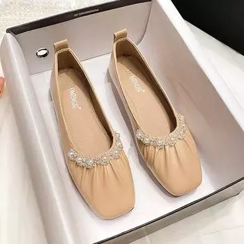 2024 Обувь для женщин Модные туфли на плоской подошве Повседневные туфли-лодочки с жемчугом Удобные модные кожаные мокасины без застежек 35 чёрный