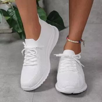 2024 Обувь для женщин Сетчатая женская вулканизированная обувь Дышащие женские кроссовки Однотонные шнурованные на низком каблуке Женская повседневная спортивная обувь 36 белый