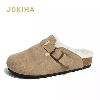 2024 Обувь для женщин зимние меховые тапочки пробковые туфли с плюшевой толстой подошвой из коровьей замши высококачественные пробковые тапочки теплая обувь 36