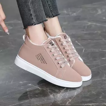 2024 Обувь женская ПУ женская вулканизированная обувь уличные теплые женские кроссовки с круглым носком на шнуровке низкие плоские с женской повседневной обувью 35 чёрный