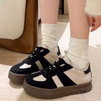 2024 Обувь женская ПУ женская вулканизированная обувь уличные женские кроссовки разноцветные круглые носки на шнуровке на низком каблуке женская повседневная обувь 36 бежевый