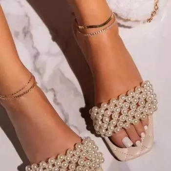 2024 Обувь Женские Большие Размеры Женские Тапочки Уличные Пляжные Тапочки Женские Туфли С Бусинами И Квадратным Носком Низкий Плоский Каблук Женская Обувь 35 покинуть белый
