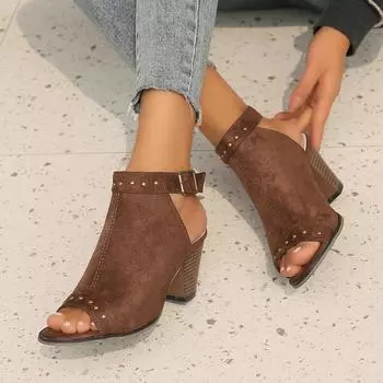 2024 Обувь Женские босоножки с открытым носком Большие размеры Римские босоножки Женские заклепки Круглый носок щиколотки Пряжка Ремешок Туфли на высоком каблуке Женские 35 чёрный