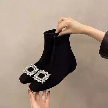 2024 Обувь Женские Ботинки До Середины Икры Женские Элегантные Современные Ботинки Женские Квадратные Пуговицы Плоские Ботинки Сзади Молния Женские Ботинки Zapatos 35