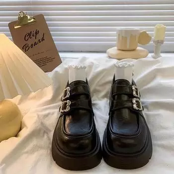 2024 Обувь Женские мокасины Женские туфли на высоком каблуке Классические туфли-лодочки Женские туфли с пряжкой на ремешке с круглым носком Туфли на платформе с толстым каблуком Женские 35 чёрный