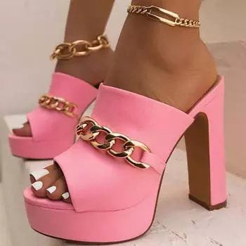 2024 Обувь Женские Современные Женские Тапочки Платформа Платье Тапочки Женские Цепи Круглый Носок Высокий Толстый Каблук Большие Размеры Женские Сандалии 36 чёрный
