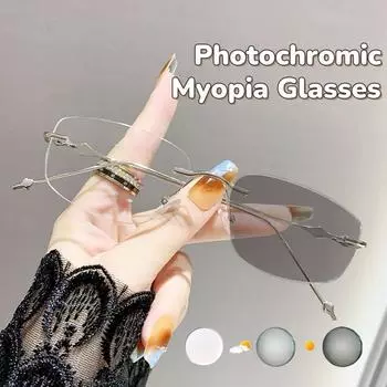 2024 Очки без оправы для бизнеса с защитой от синего света, фотохромные очки для близорукости, срезанные края, в форме звезды, меняющие цвет 0