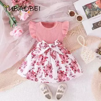 2024 одежда для младенцев, платье для маленьких девочек, летние платья трапециевидной формы с круглым вырезом и цветочным принтом для дня рождения, праздничная одежда 6-9M розовый