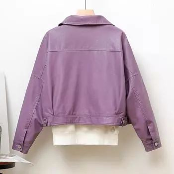 2024 однобортная женская кожаная куртка с лацканами и большим карманом, свободная короткая кожаная куртка, тонкое простое фиолетовое пальто S фиолетовый