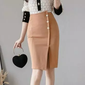 2024 Одноступенчатая юбка-карандаш с боковым разрезом Повседневная облегающая юбка средней длины на пуговицах S чёрный